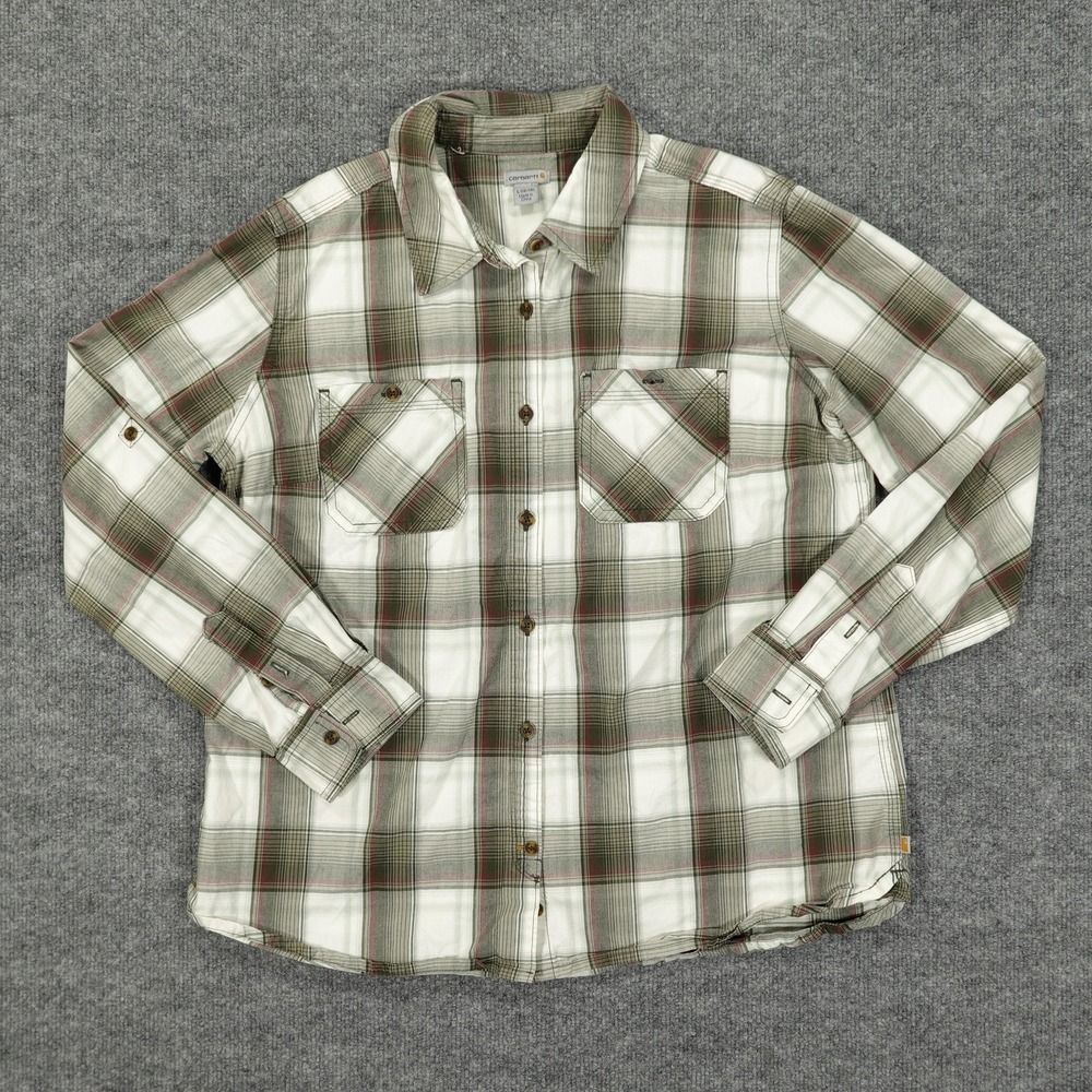 Carhartt Shirt Boys L 12/14 Green Plaid Long Sleeveโ Stretch Button Down Rugged